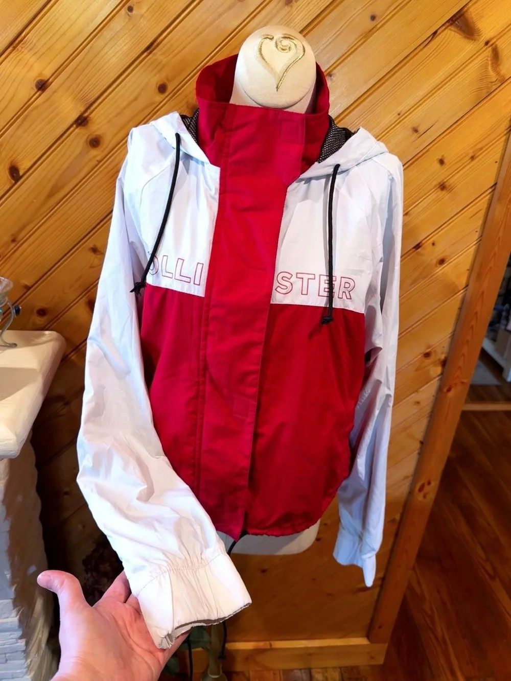 Hollister Women’s Medium Red White Colorblock Hooded Windbreaker Jacket